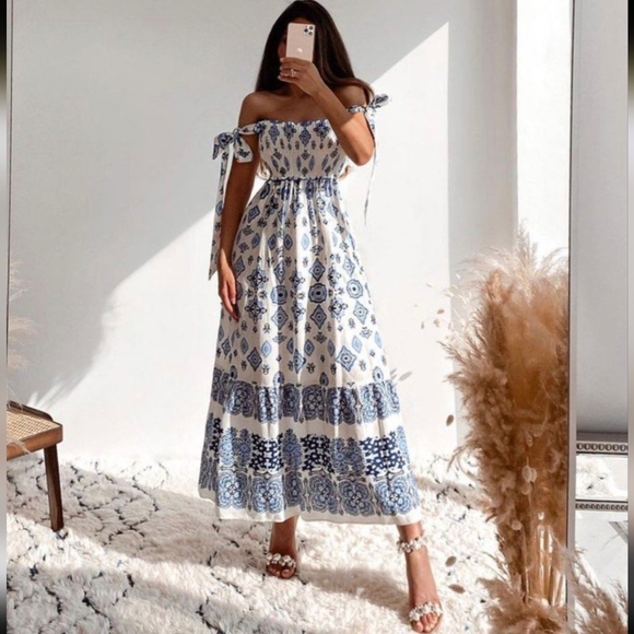 Zara Boho Print Smocked Lace Up Dress Size S - Picture 2 of 9